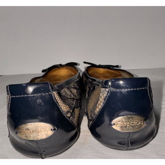 Jimmy Choo Navy Blue Lace Ballet Flats Patent Bow Detail - Picture 12 of 12